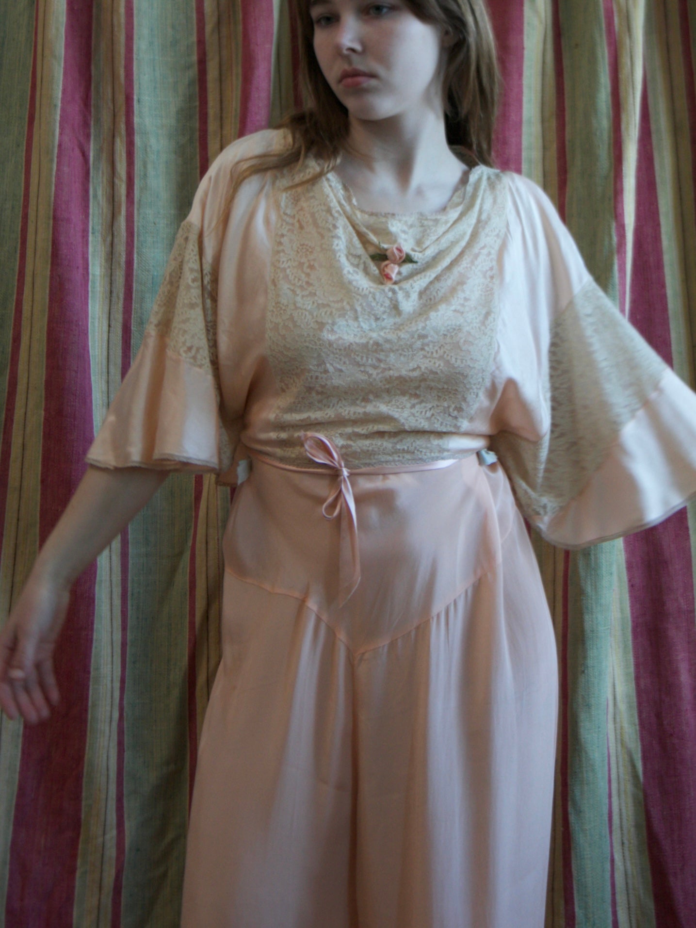 Antique Soft Pink Silk & Lace Ribbonwork Tie Waist Capelet Blouse