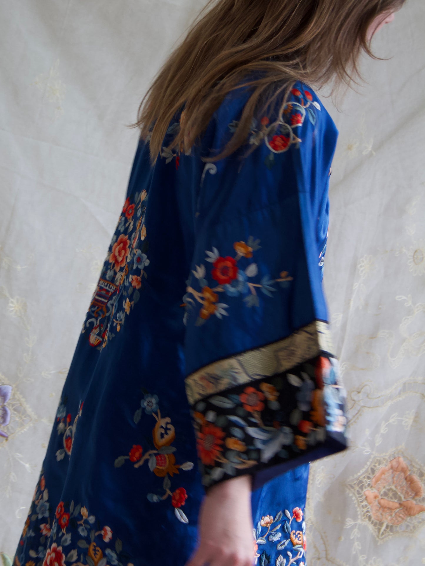 1940s Royal Blue Silk Chinese Mandarin Collar Robe