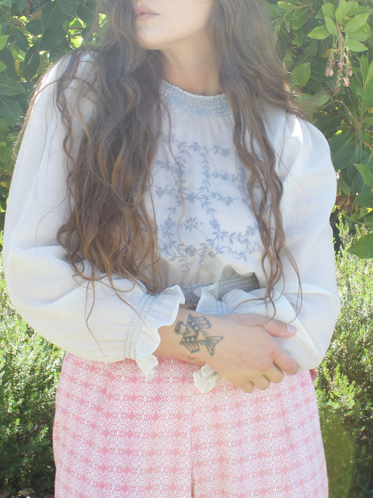 1940s Embroidered Parachute Silk Smocked Folk Blouse