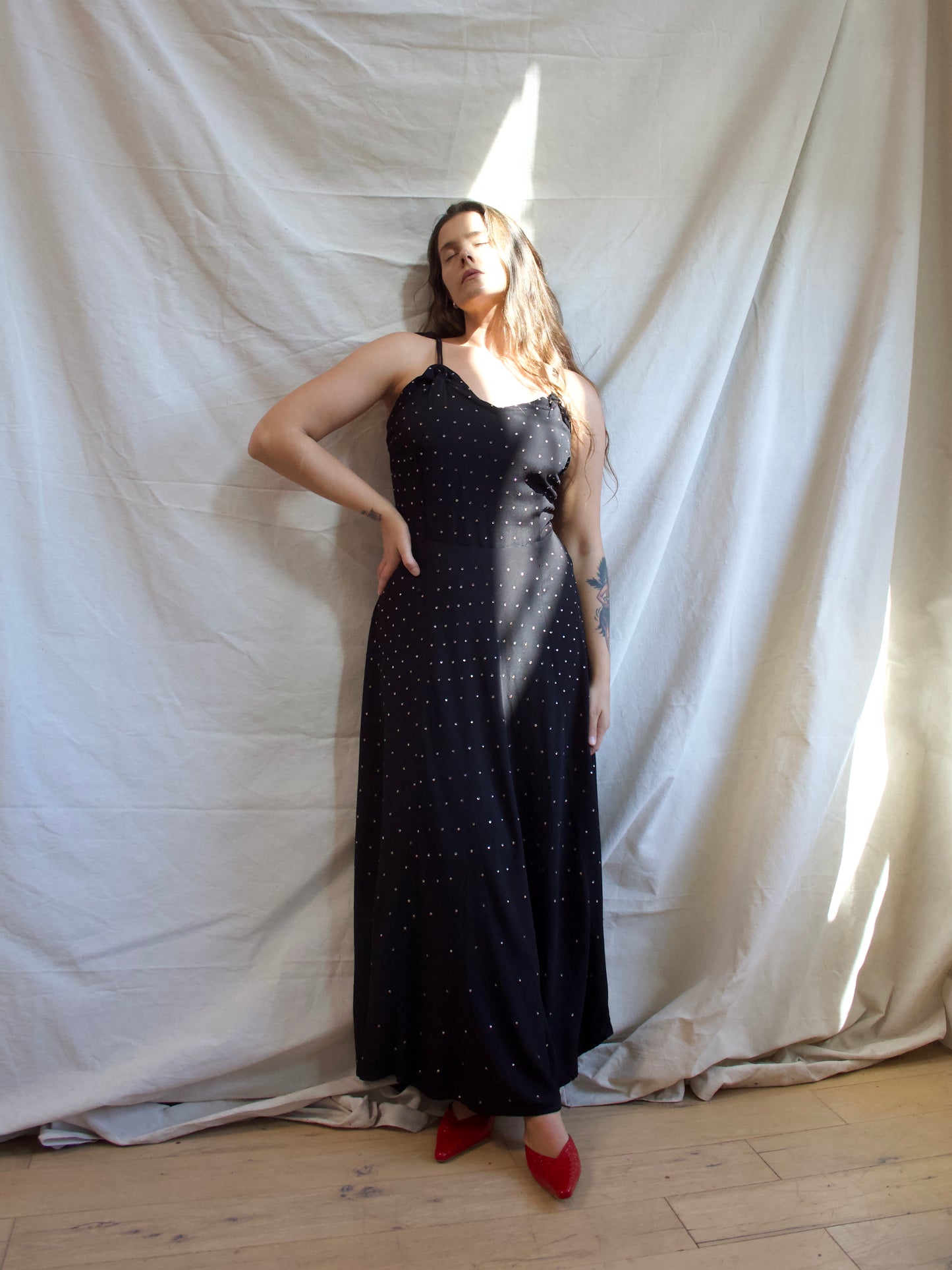 1930s Diamanté Rayon Crete Jet Black Tie Shoulder Gown