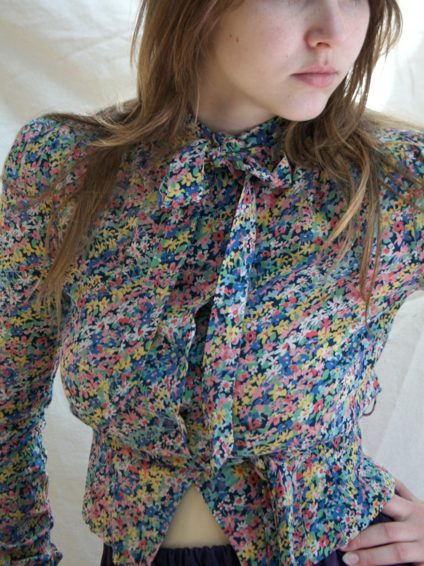 1930s Micro Floral Belted Rayon Crepe Cropped Blouse