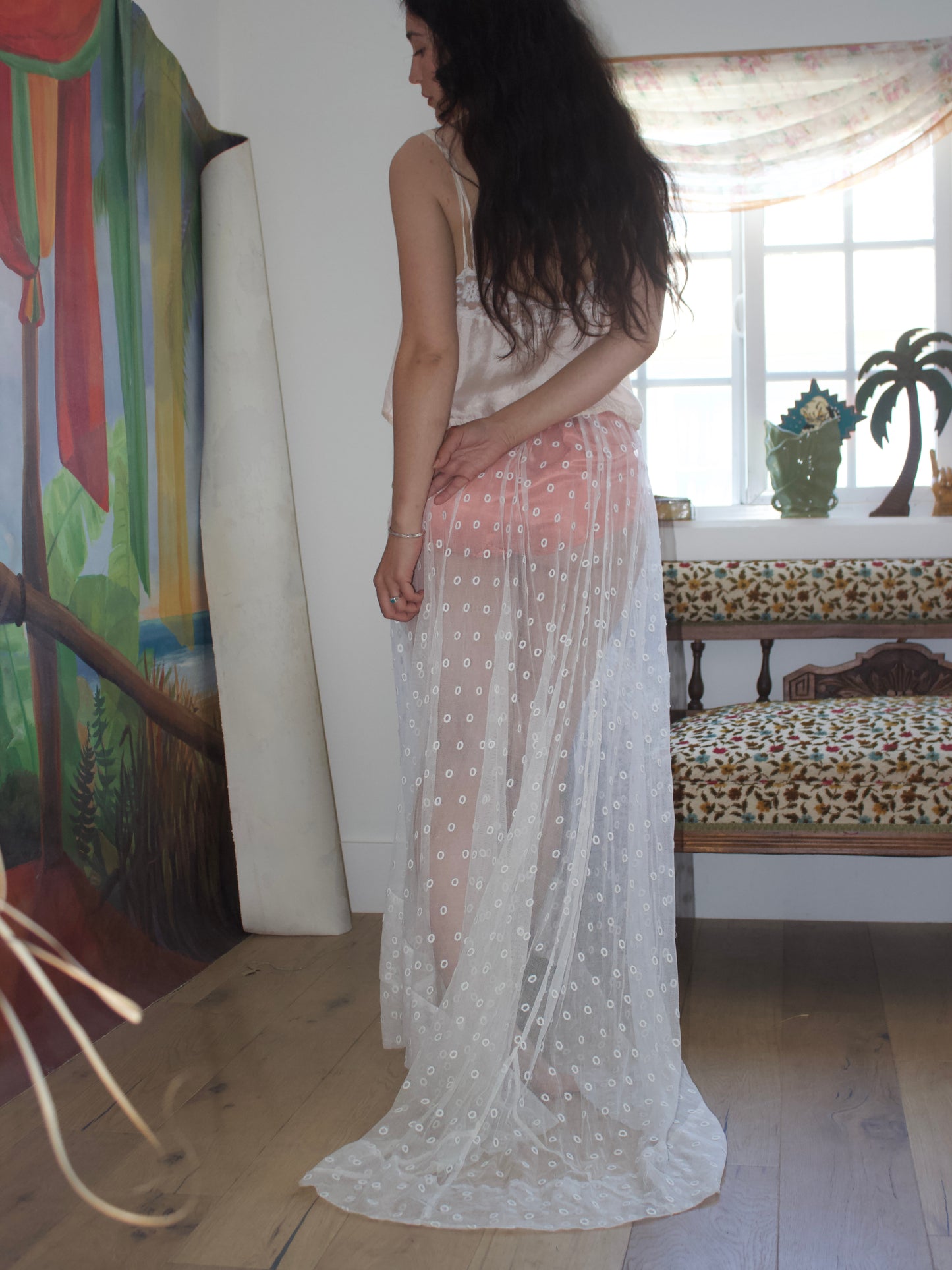 Antique Edwardian Sheer Embroidered Net Trained Skirt