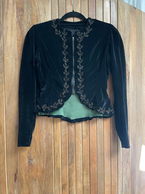 1940s Puff Sleeve Bouillon Embroidered Velveteen Zip Front Blouse