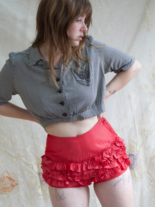 1940s B &W Checkered Jersey Knit Puff Sleeve Cropped Blouse