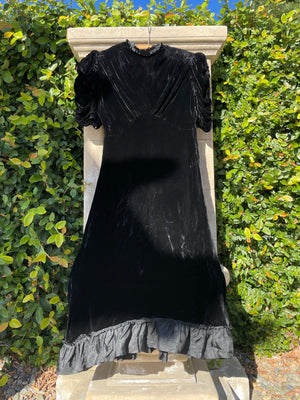 1940s Ruched Sleeve Silk Velvet Ruffle Trim Dress