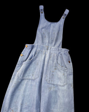 1940s Indigo Cotton Workwear Bib Front Side Button Overalls
