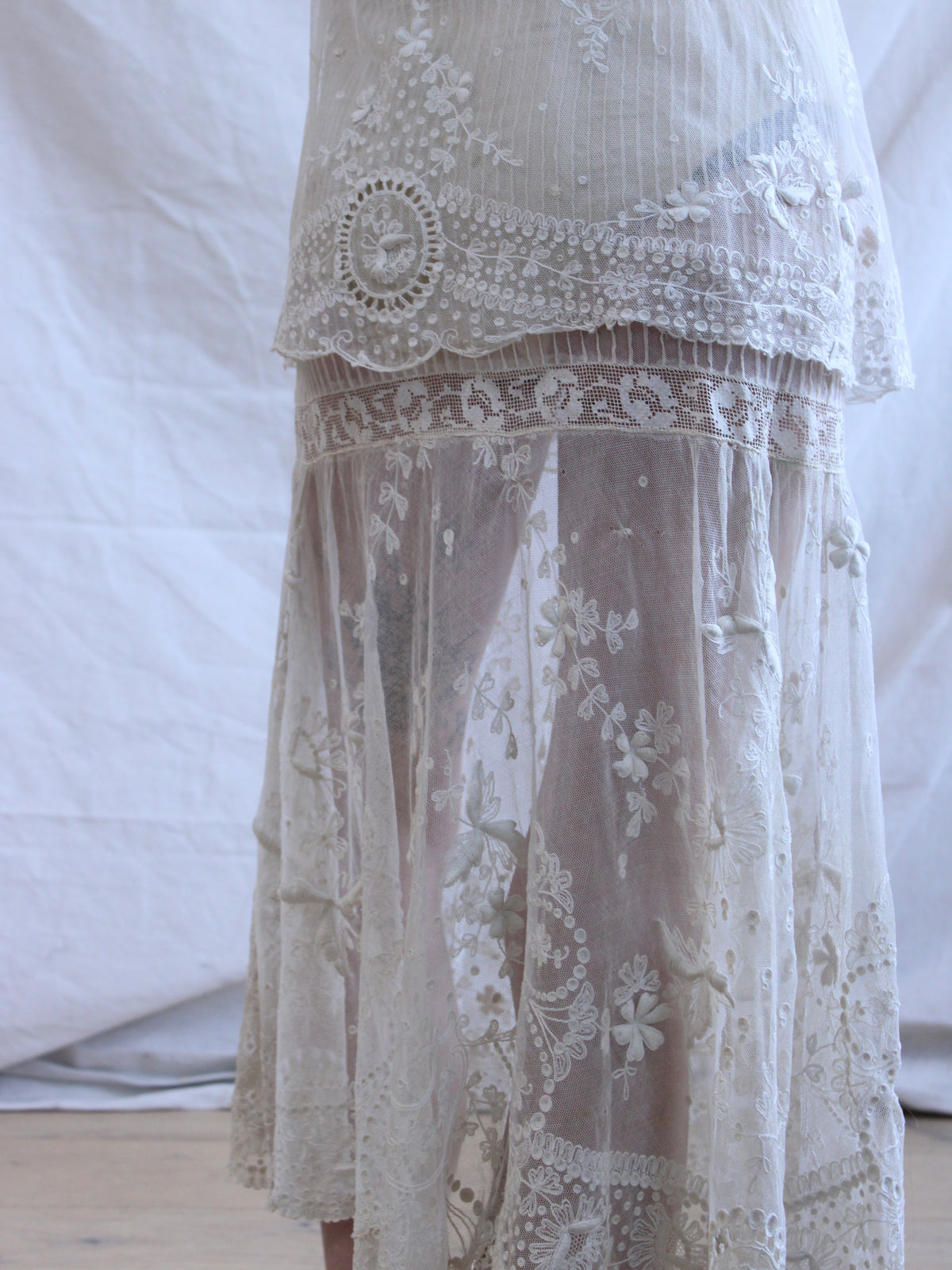 Antique Embroidered Tambour Lace Net Overlay Tea Length Gown