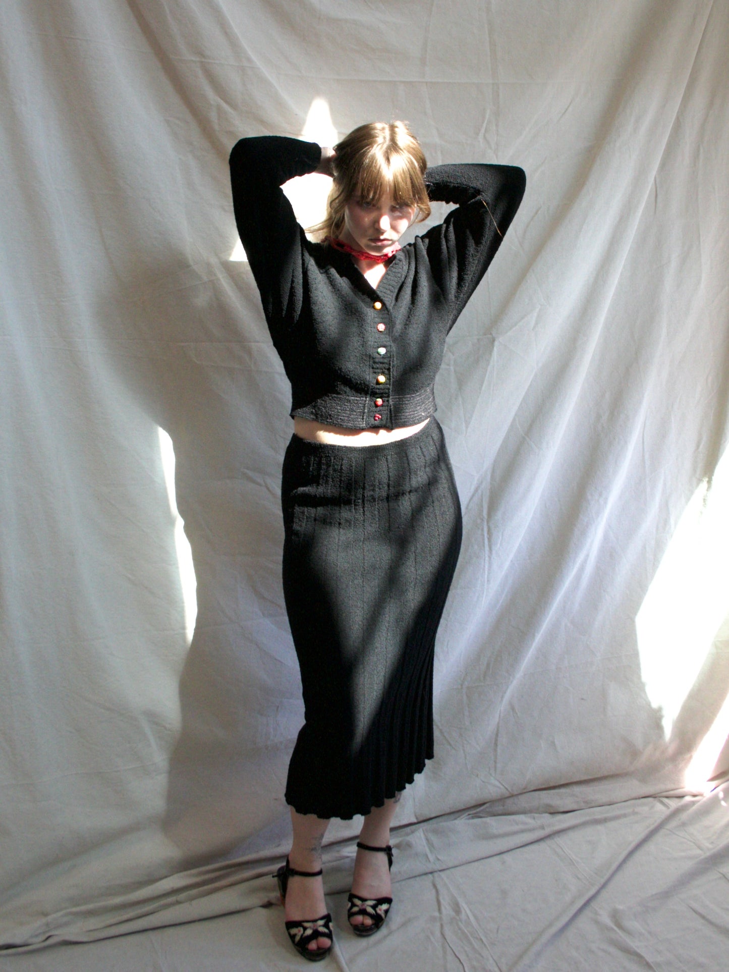 1950s Vampy Boucle Fruit Button Knit 2 PC Skirt Set