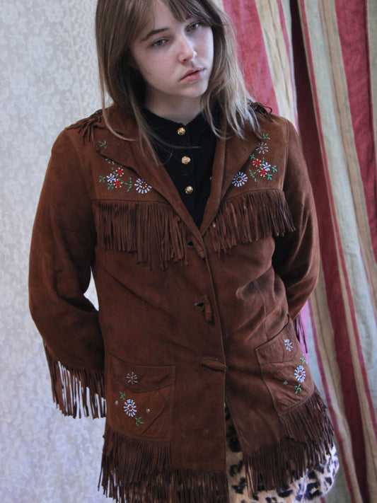1950s Chocolate Sueded Beaded Fringe Western Jacket