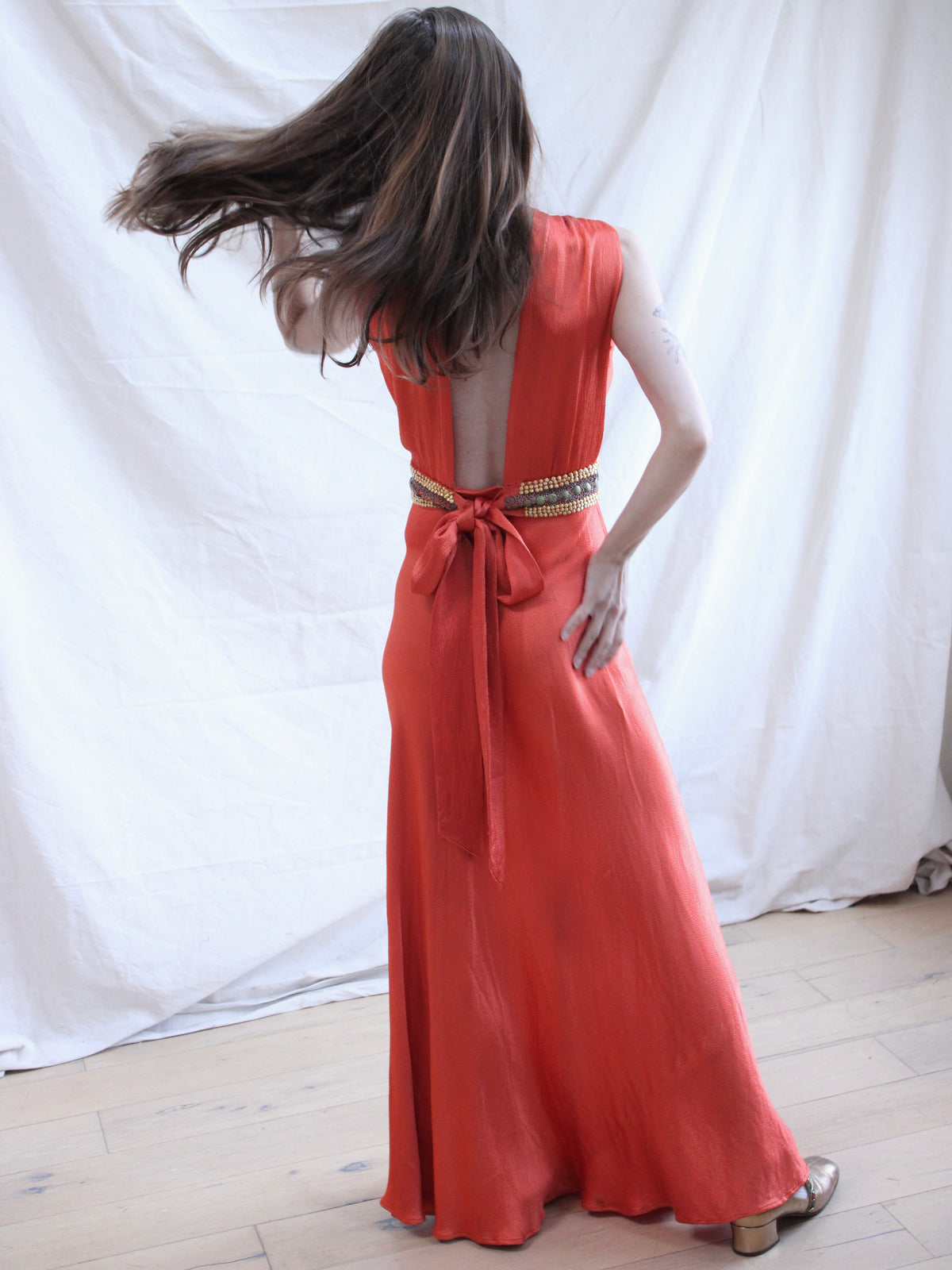 1930s Deco Tangerine Hammered Silk 24K Gold Beaded Bias Gown
