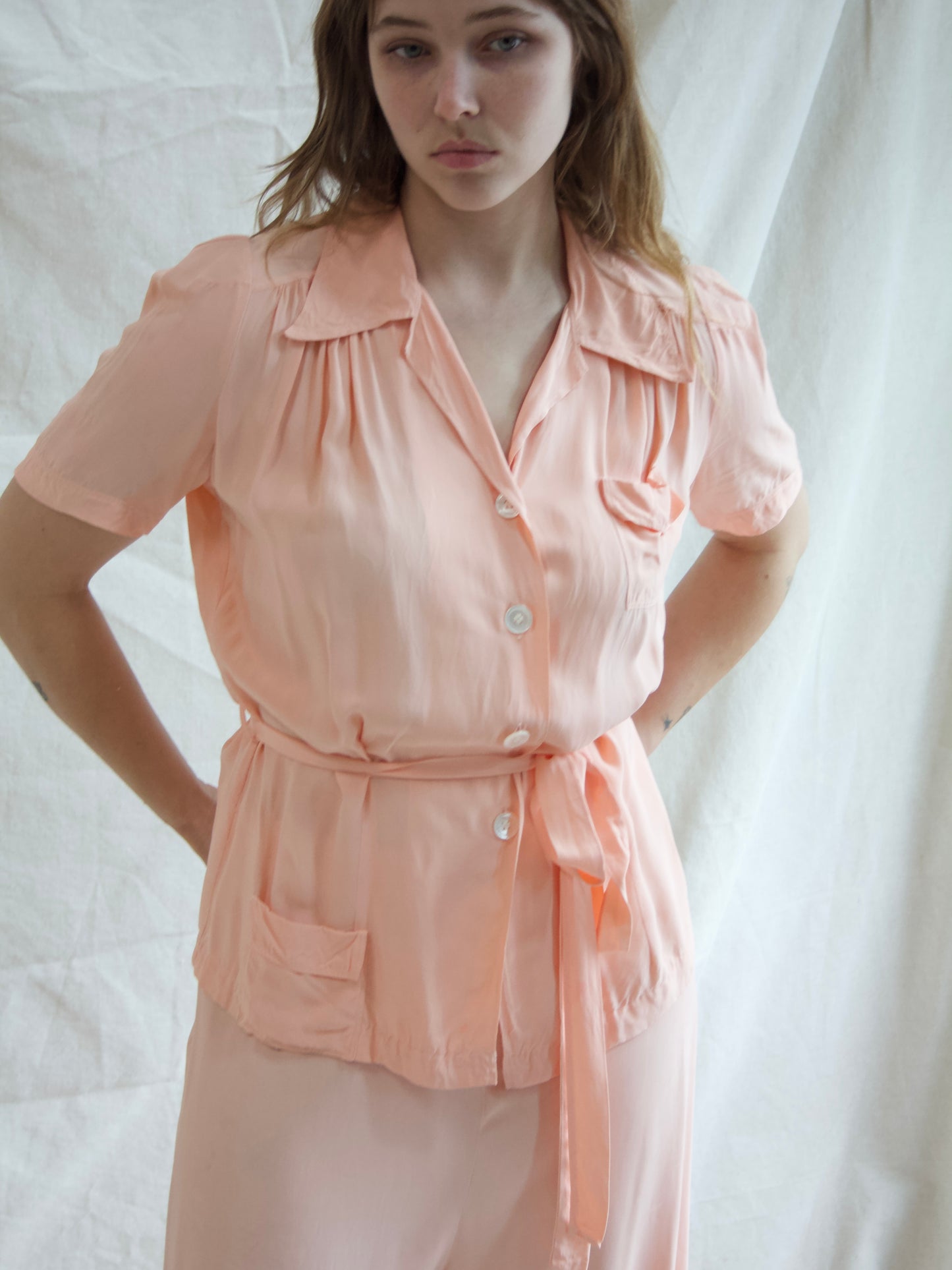 1940s Cold Rayon 2-PC Wide Leg Side Button Lounge Set W* Belt