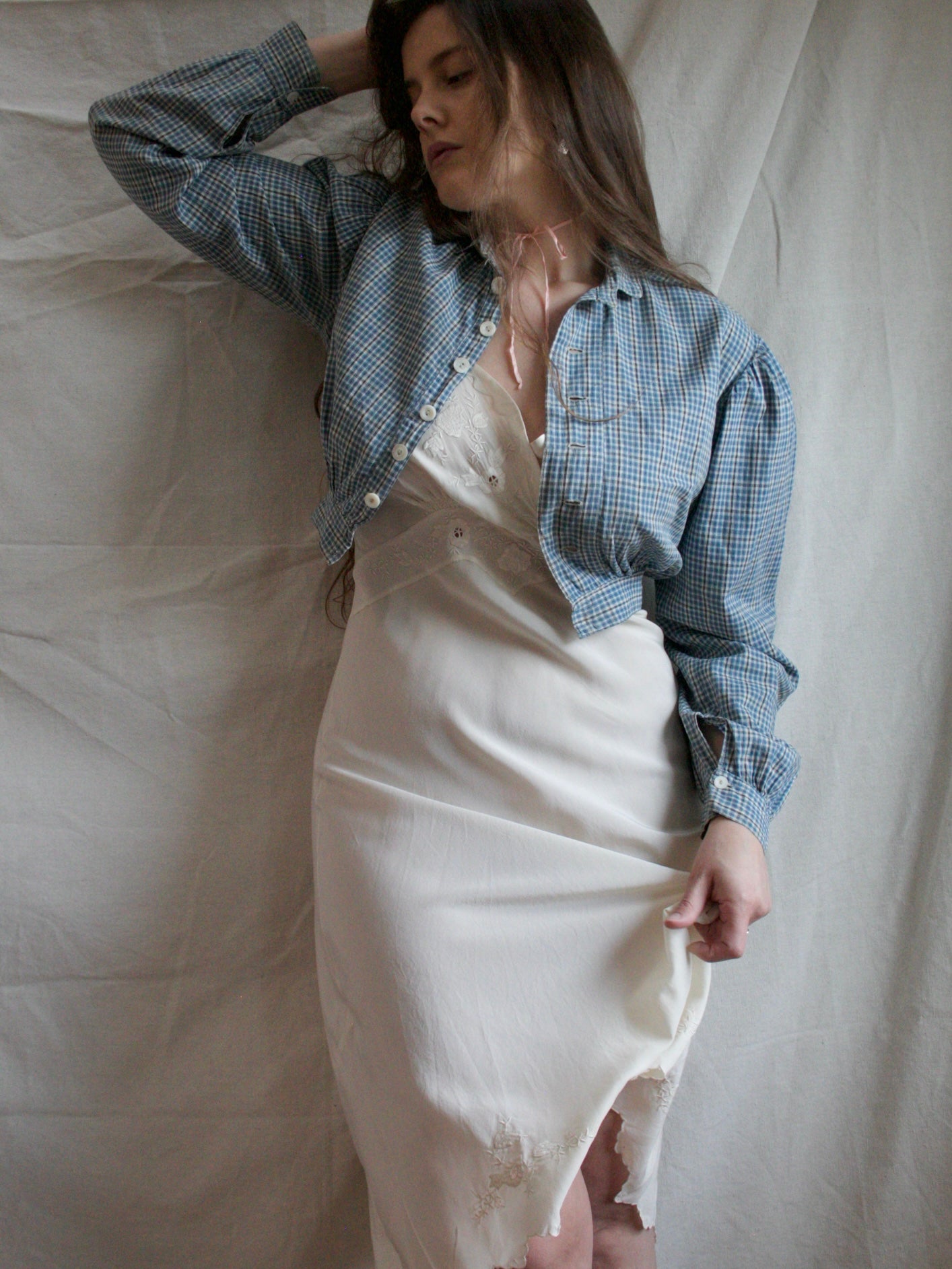 Antique 19th C Primitive Indigo Check Cropped Workwear Blouse