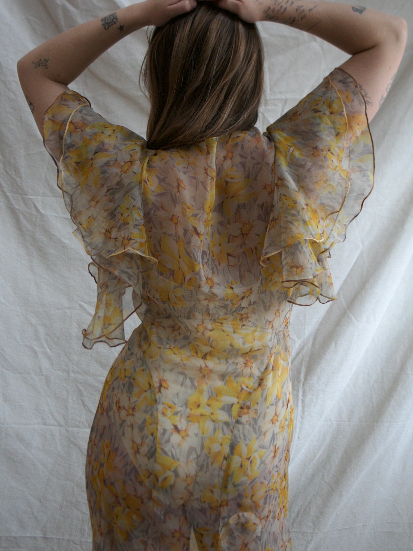 1930s Silk Chiffon Autumnal Flutter Sleeve Deco Bias Cut Gown