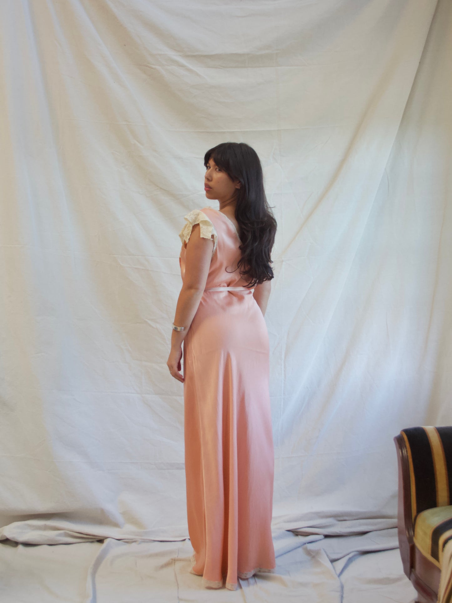 1930s Mauve Silk & Lace Cap Sleeve Bias Cut Braided Belt Slip Dress