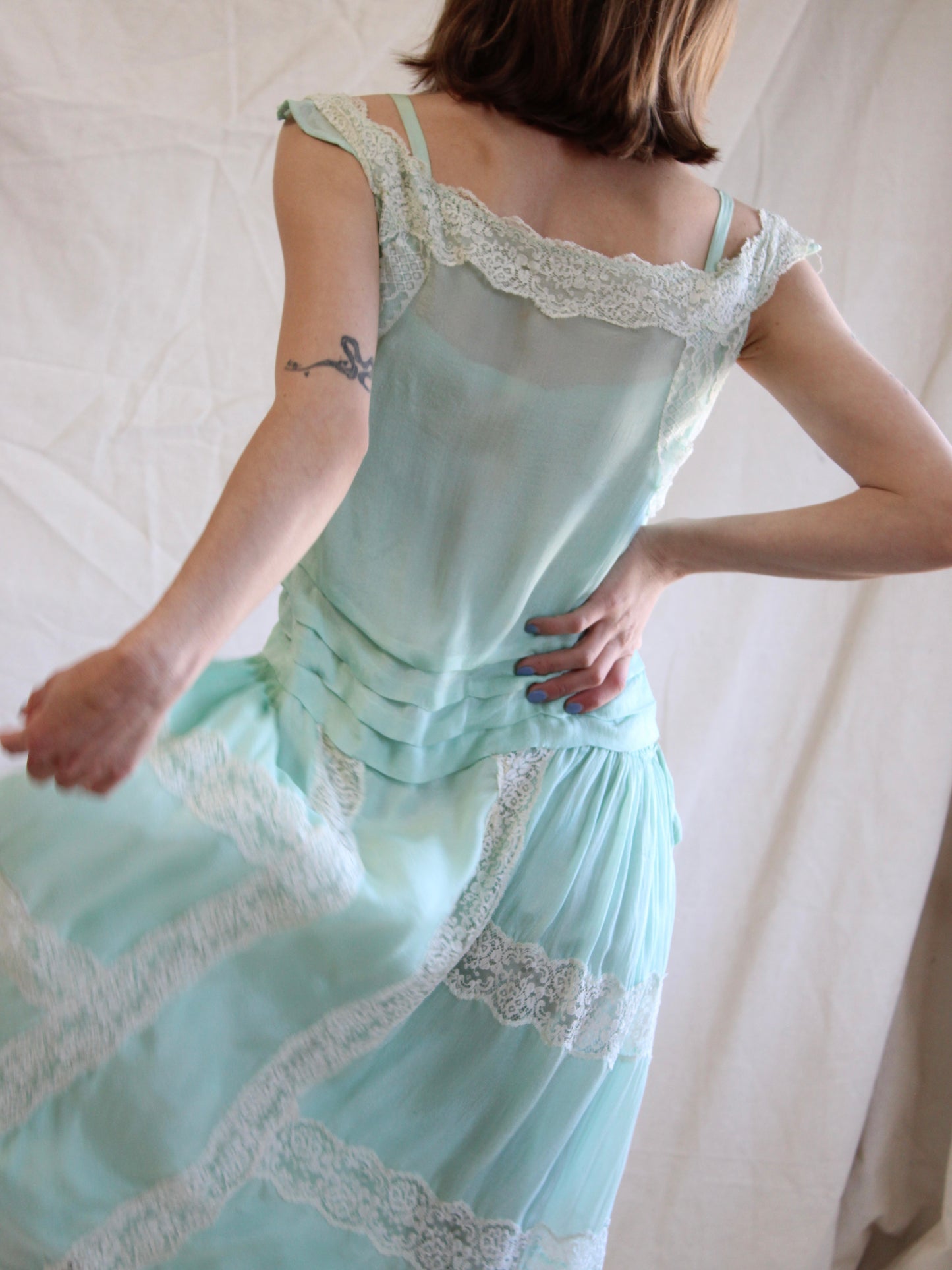 1920s Insertion Lace Mint Chiffon Day Dress