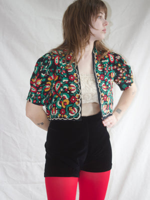 1930s Vibrant Floral Motif Print Puff Sleeve SIlk Bolero