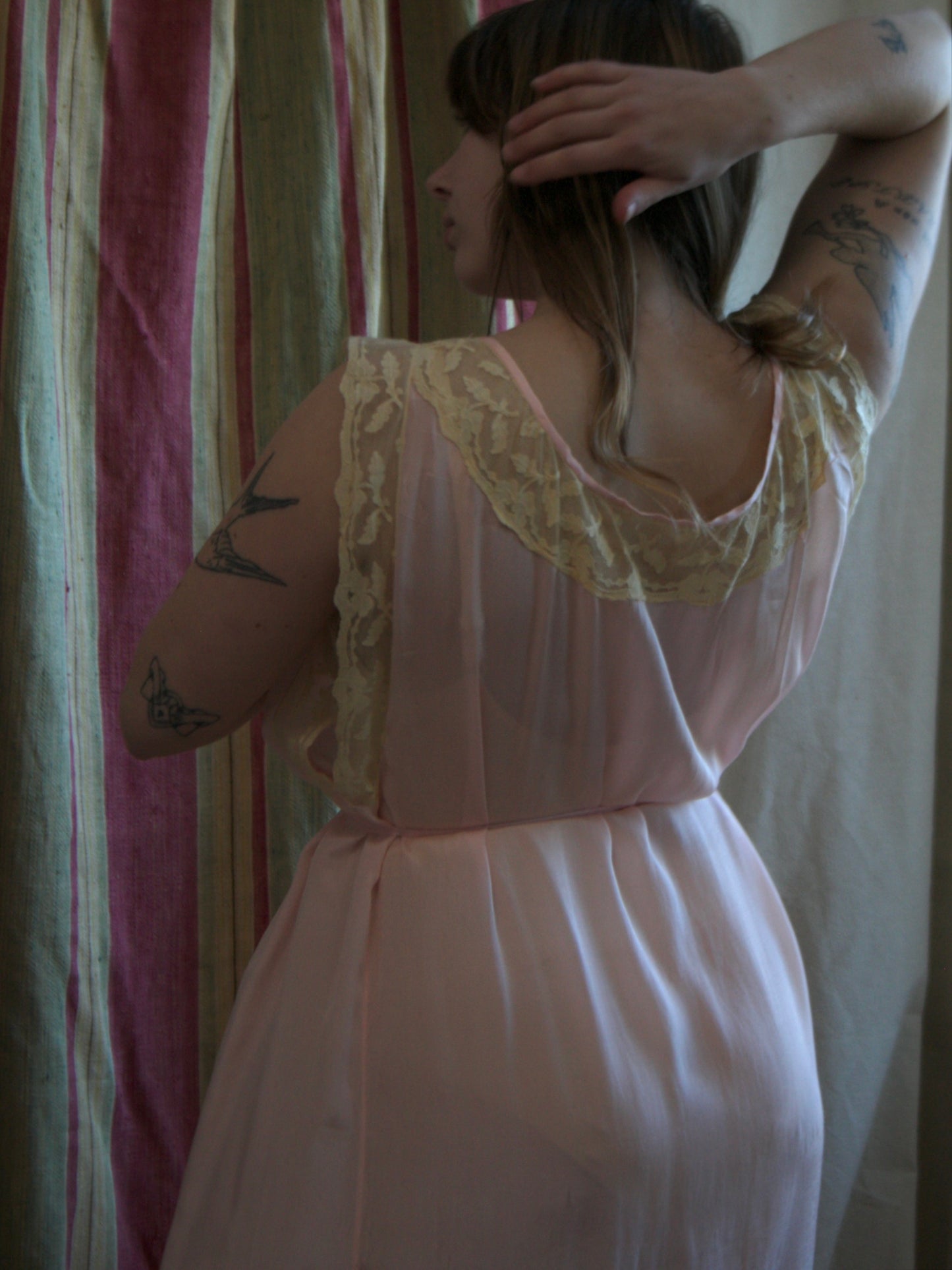 Antique 1920s Pale Pink Pin-tuck Silk Ecru Lace Slip Dress