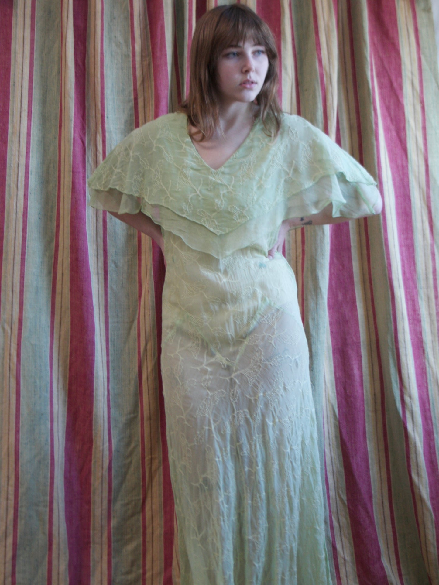 1930s Lime Embroideed Silk Chiffon Capelet Bias Cut Gown