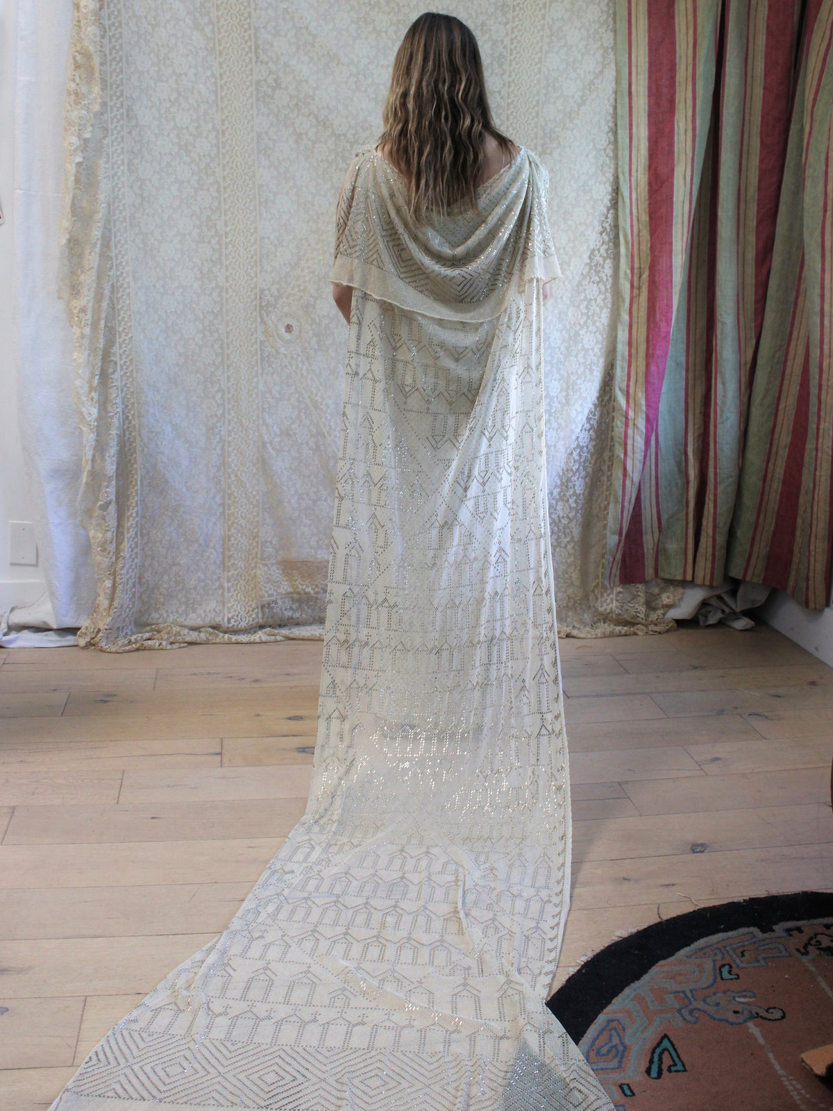 Antique 1920s Assuit Grecian Draped Back Trained Bridal Gown