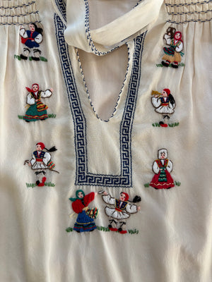 1930s-1940s Novelty Embroidered Silk Bishop Sleeve Blouse