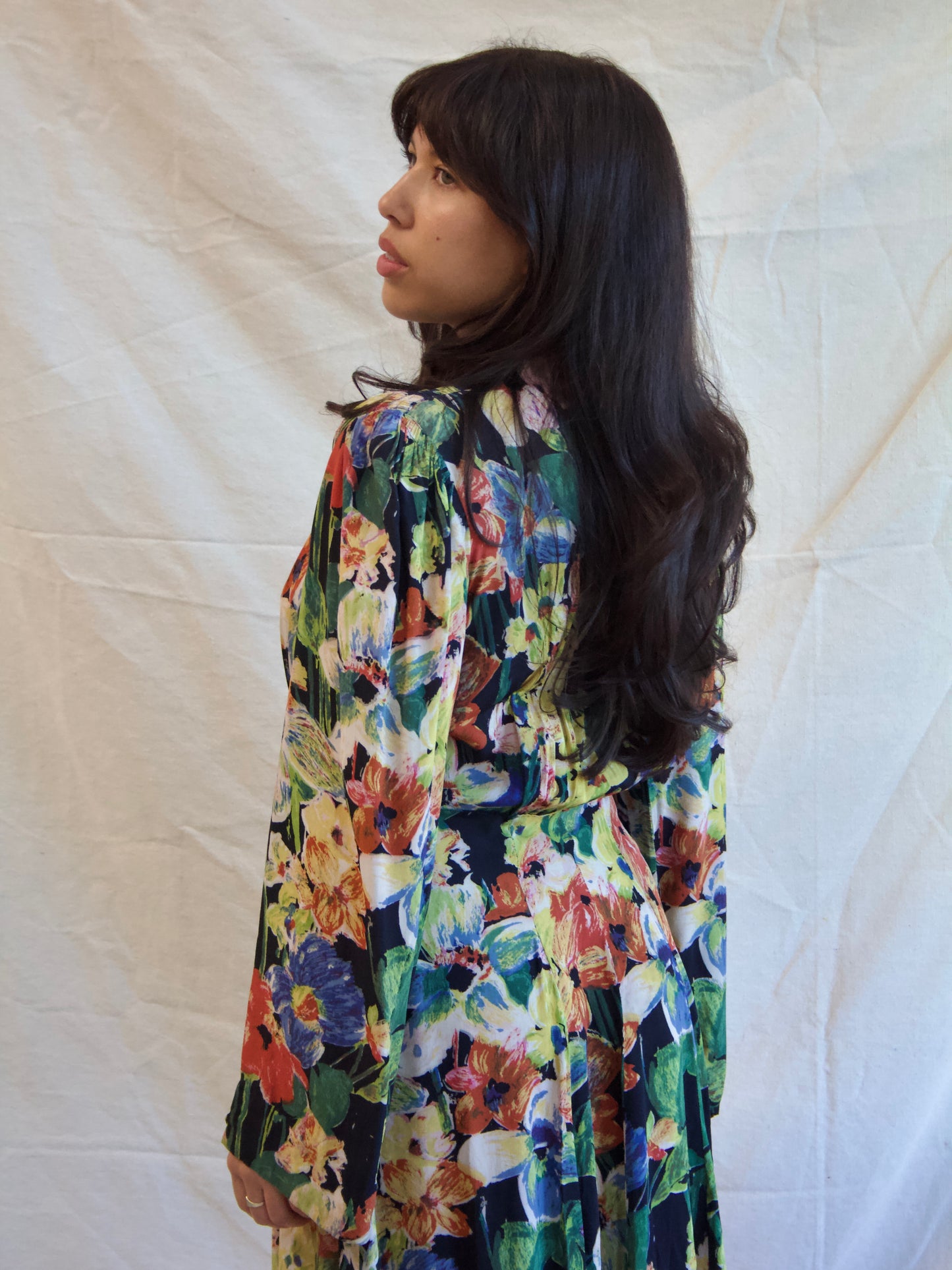 1930s Zip Front Puff Bell Sleeve Floral Silk Crepe Dress