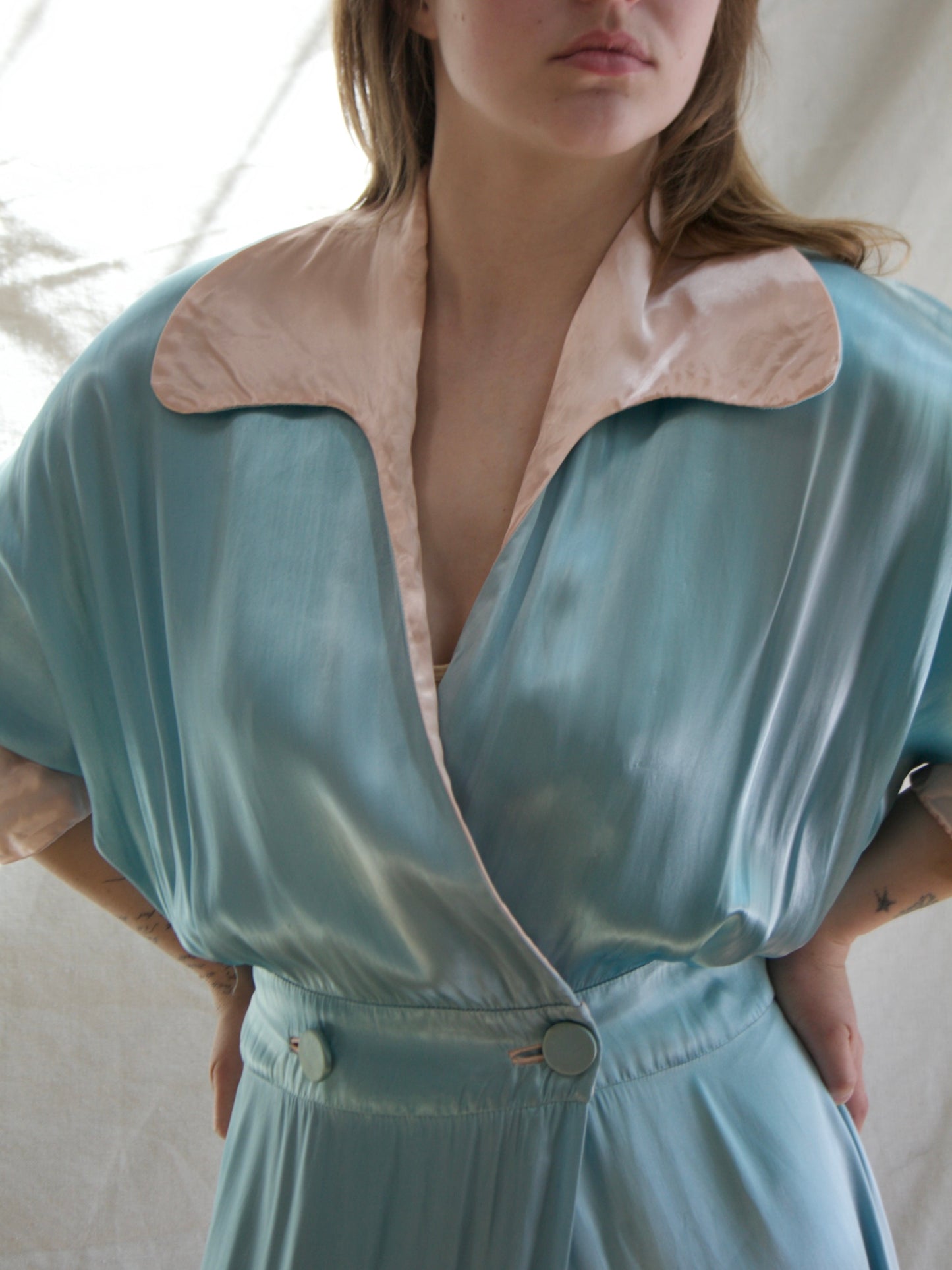 1940s Trained Candy Colored Liquid Rayon Satin Gown