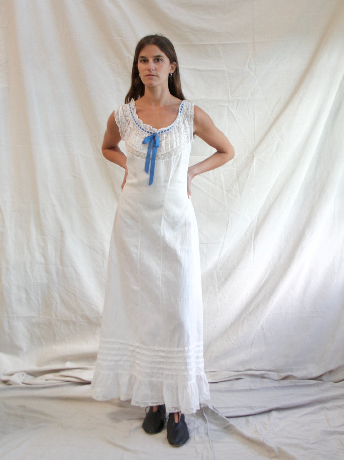 Antique Edwardian Cotton & Lace Ribbon Princess Slip Dress