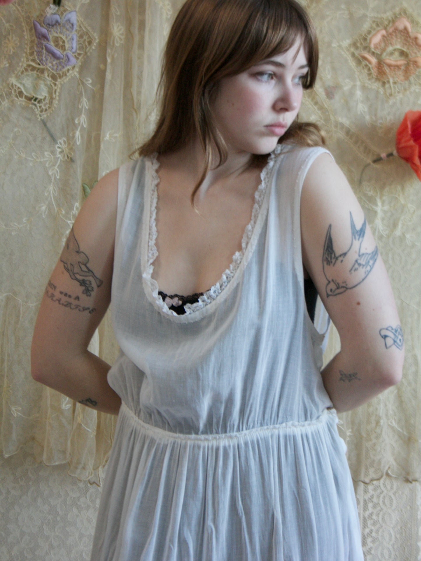 1920s Cotton Lawn Lace Trim Tiered Dress