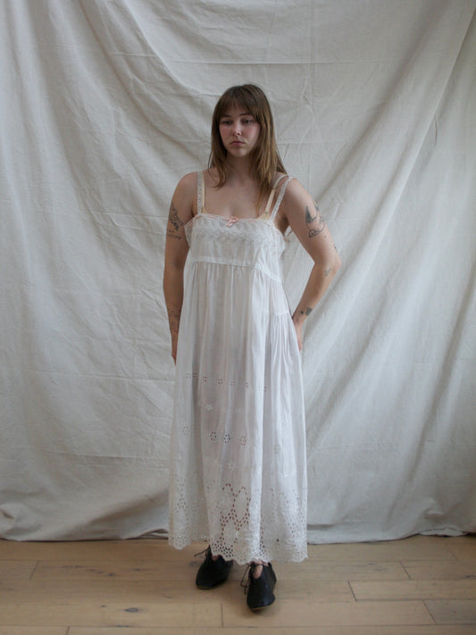 Antique Broderie Anglaise Silk Ribbon Tie Cotton Chemise