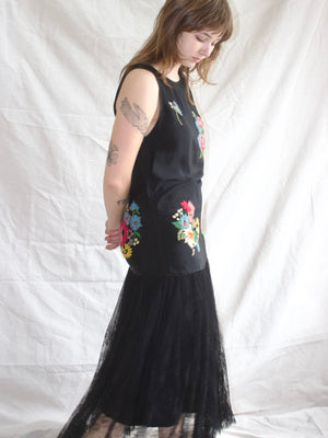 1920s Wool Embroidered Florals Silk & Chantilly Lace Drop Waist Gown