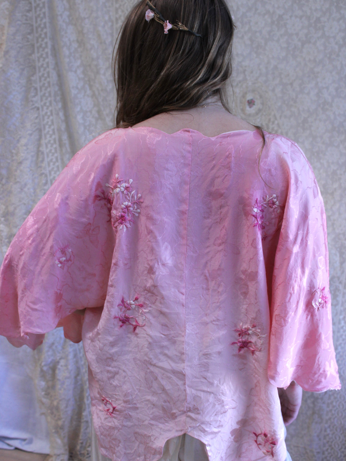 Antique 1920s Ombré Butterfly Jacquard Silk Embroidered Scalloped Lingerie Jacket