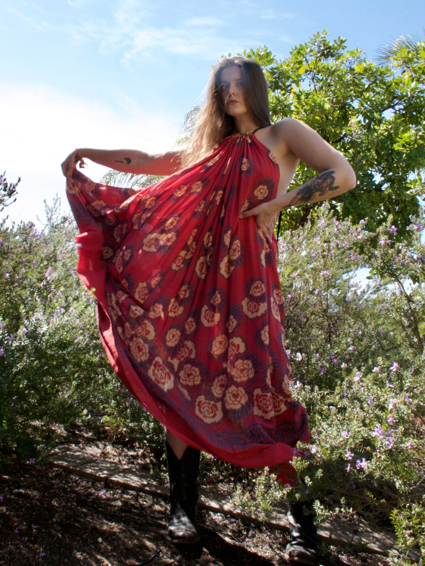 Antique Turkey Red Woven Silk Floral Print Drawstring Dress