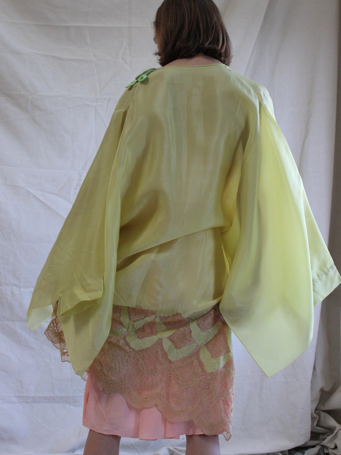Antique 1920s Vibrant Chartreuse Silk Ribbon-work Kimono Sleeve Boudoir Robe