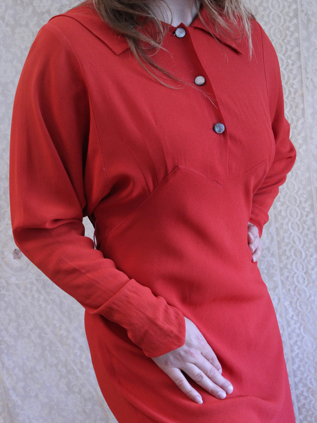 1930s Tomato Red Keyhole Back Rayon Crepe Bias Gown
