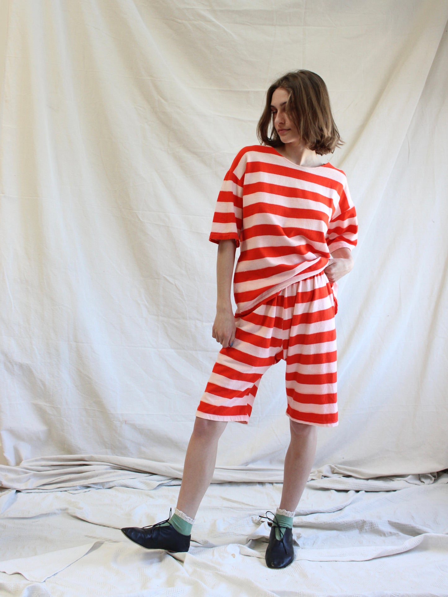 Antique 1930s Two Piece Striped Cotton Knit Bathing/ Play Suit