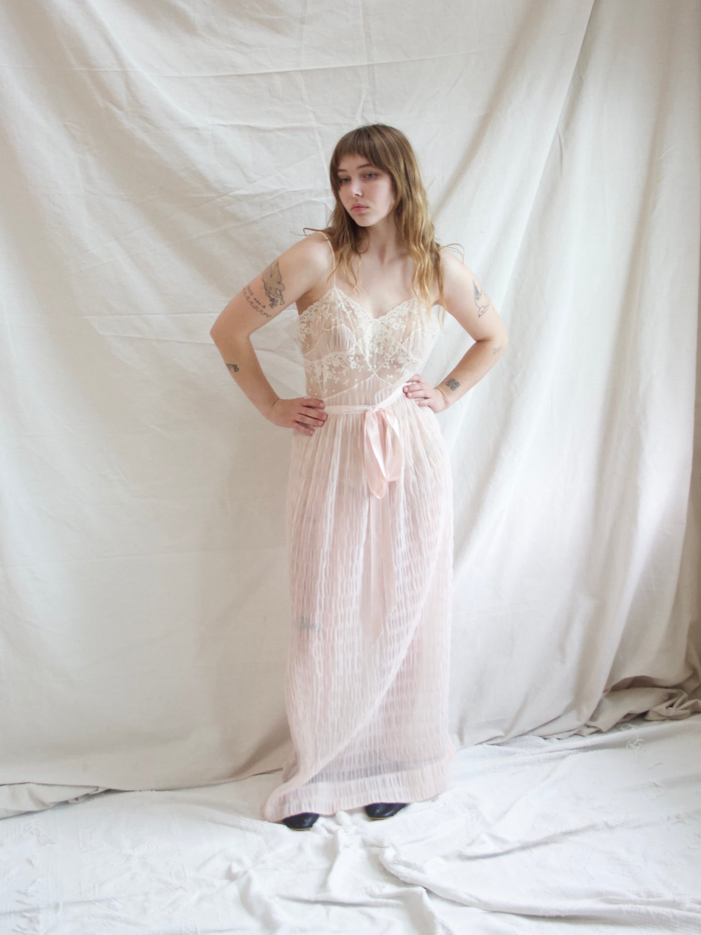 1940s I.Magnin Pale Pink Nylon & Lace Silk Satin Slip Dress