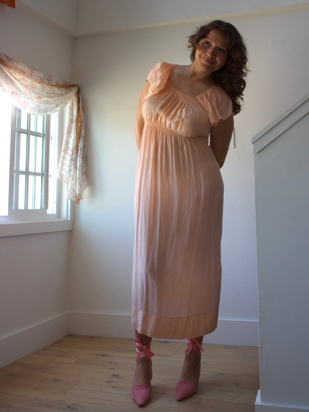 1930s Peach Silk Capelet Smocked Tie Waist Slip Dress