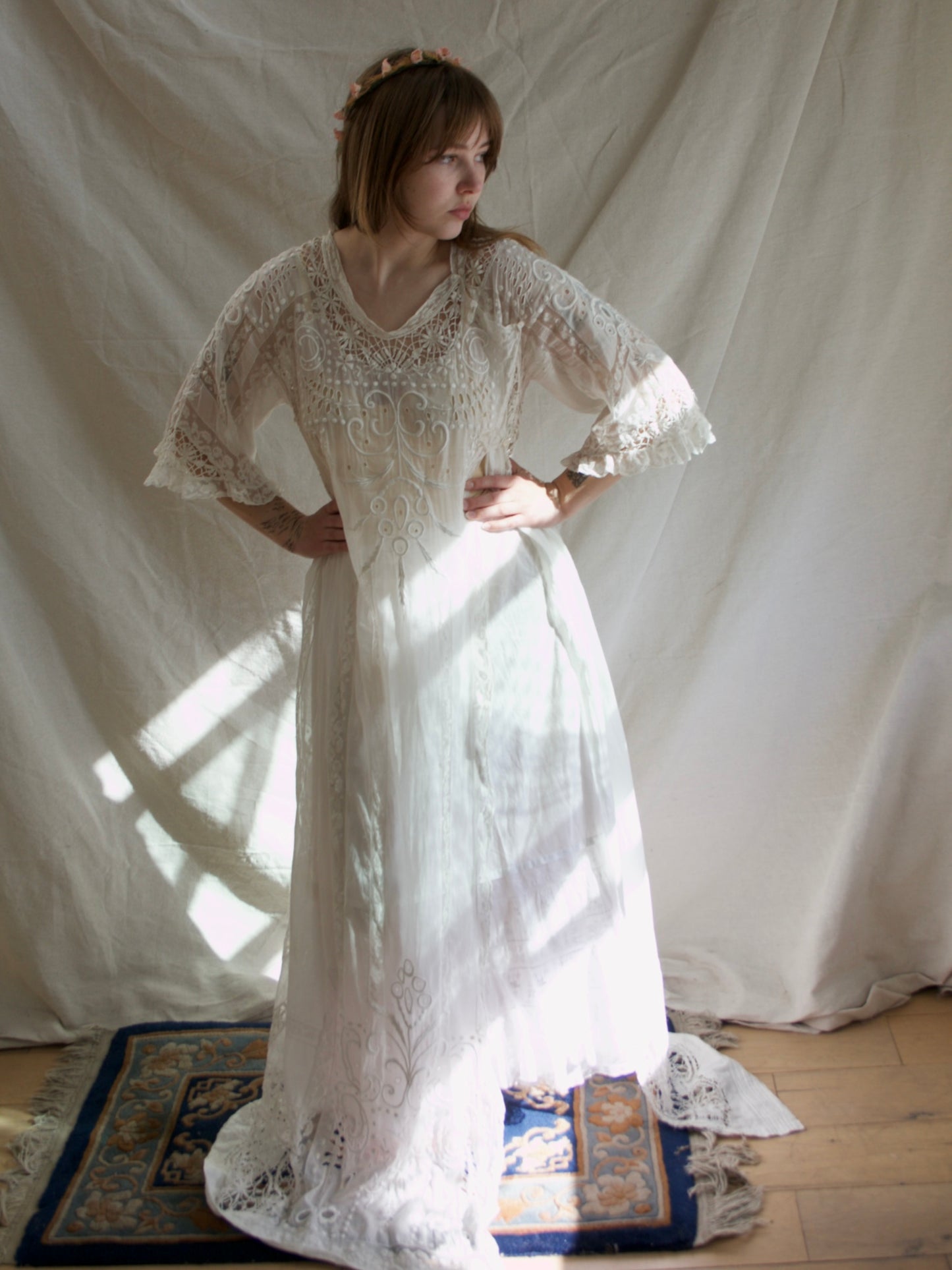 Special Antique Edwardian Whitework Batiste Cotton Crochet Lace Troussea Gown