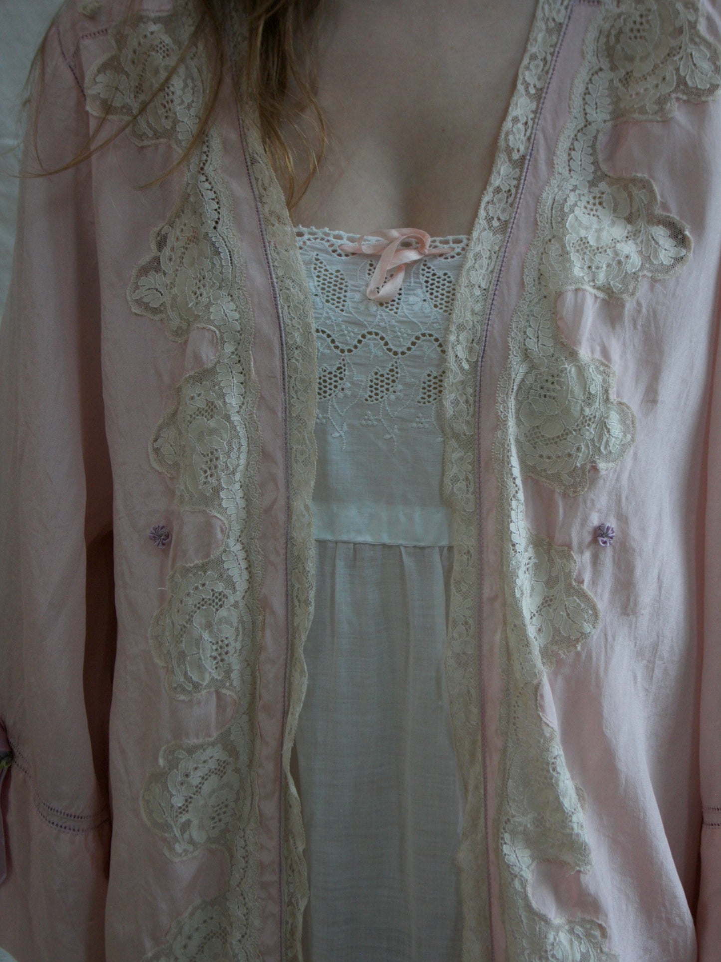 19930s Silk Crepe De Chine Inset Lace Rosette Lingerie Robe