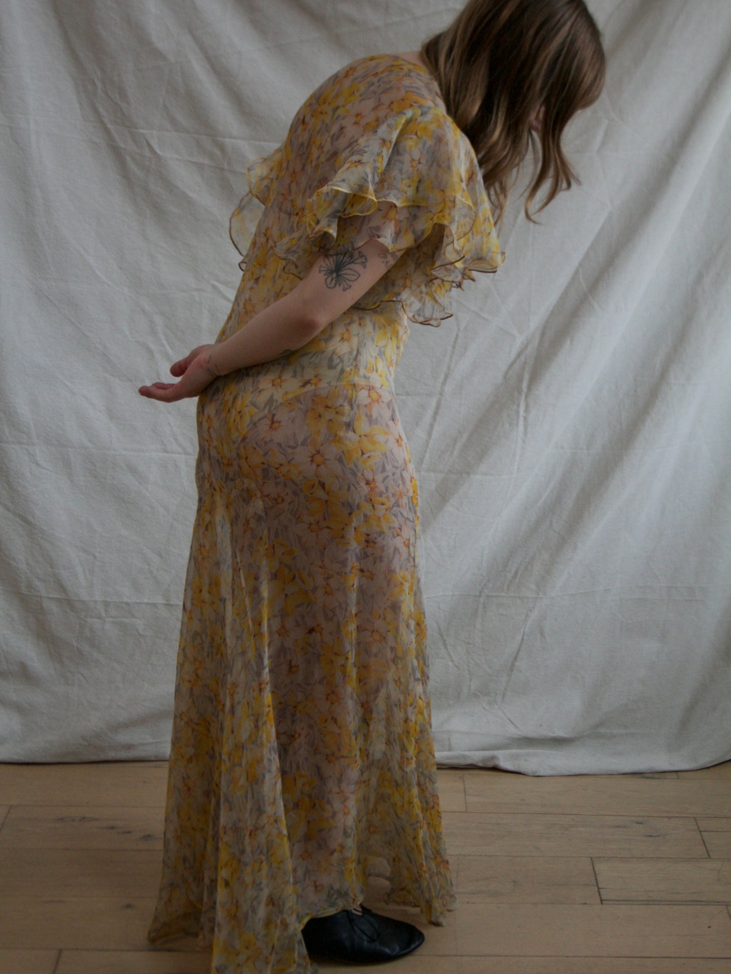 1930s Silk Chiffon Autumnal Flutter Sleeve Deco Bias Cut Gown