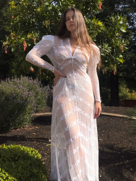 Edwardian Embroidered Net Lace Gigot Sleeve Bridal Gown