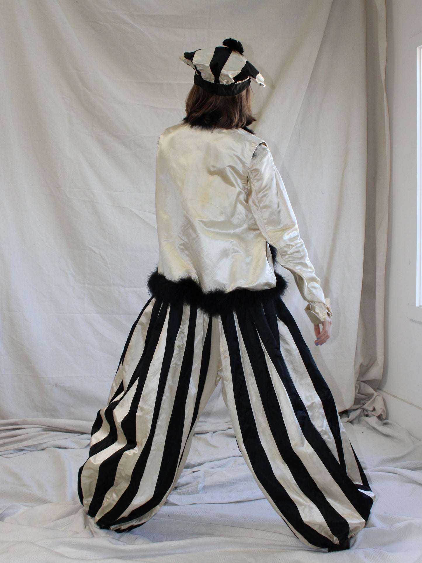 One Of A Kind Antique 1910s B&W Satin 4 Piece Mardi Gras Harem Pant Jumpsuit Ensemble