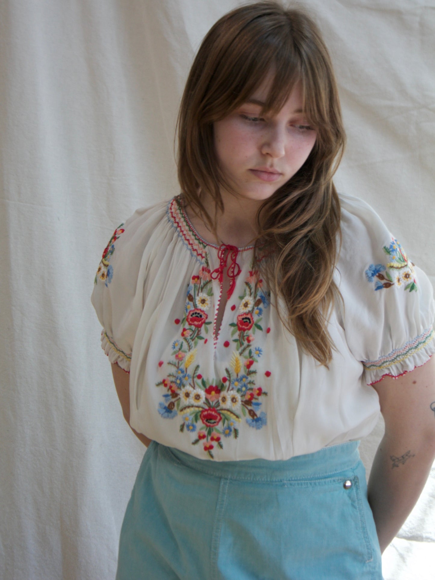 1930s Hand Embroidered Hungarian Silk Crepe Smocked Blouse