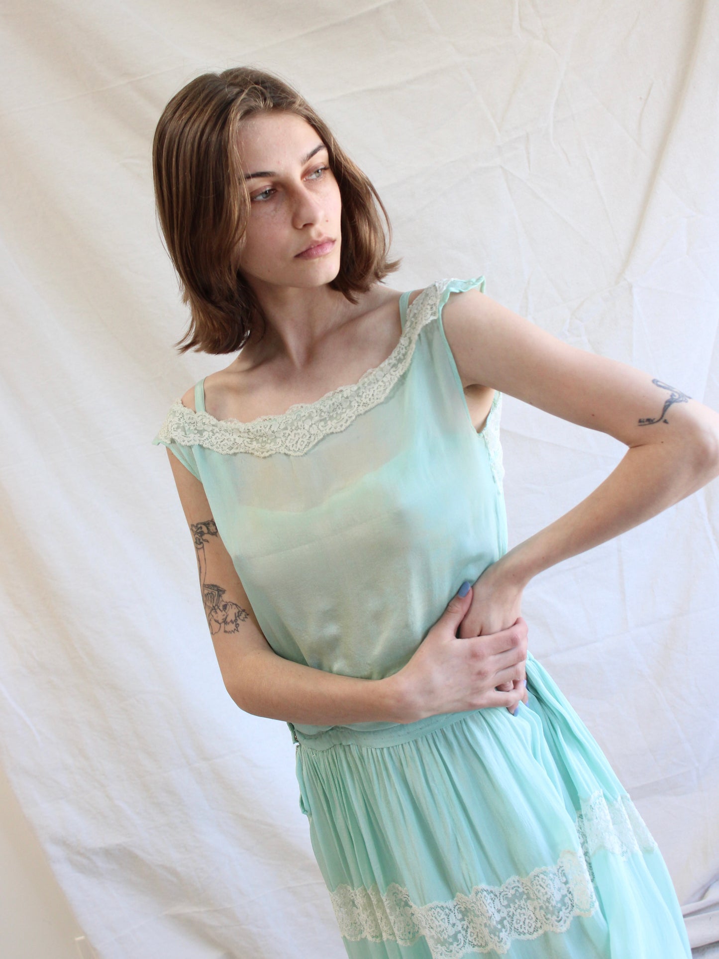 1920s Insertion Lace Mint Chiffon Day Dress