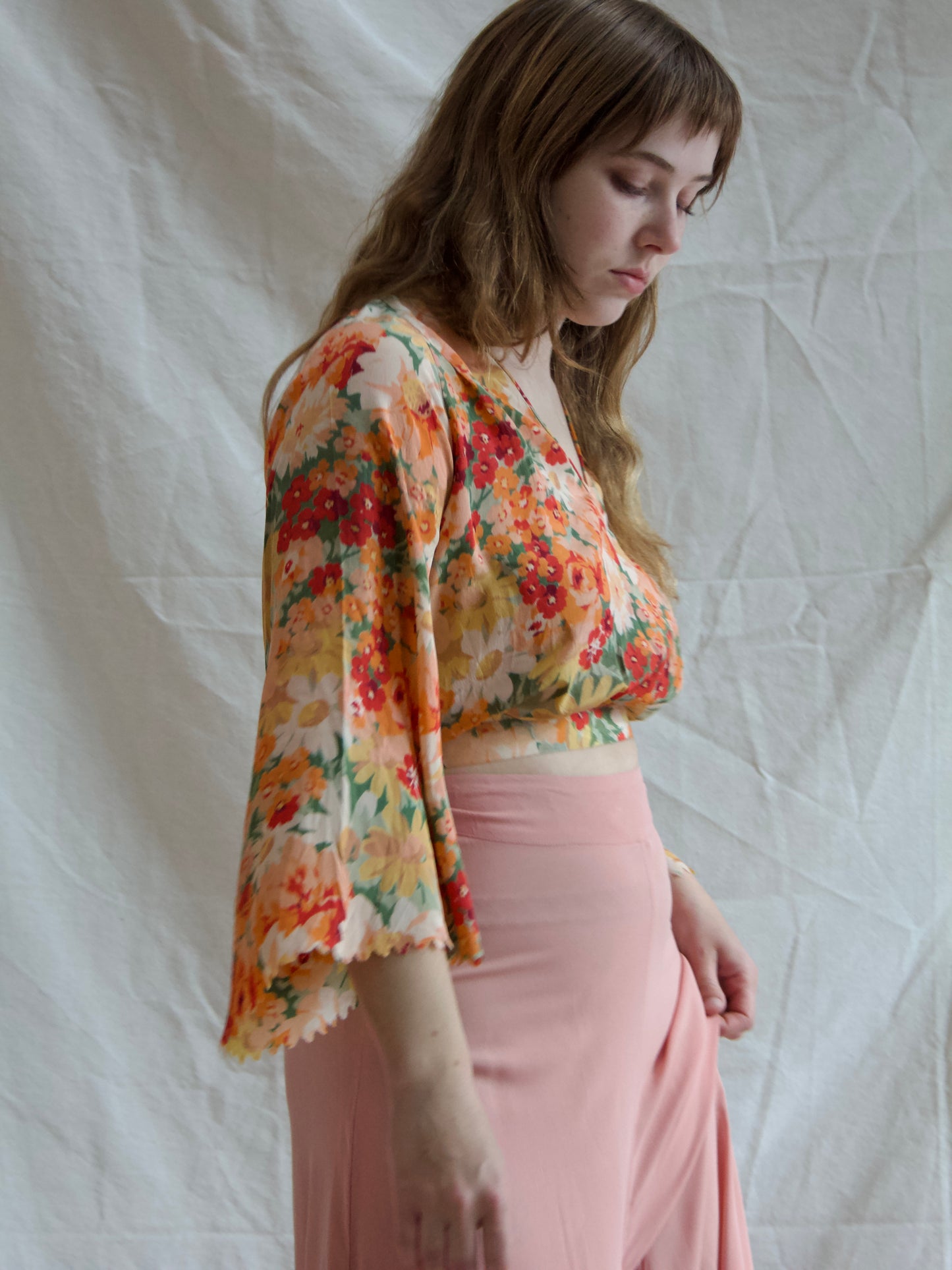 1930s Floral Print Silk Bell Sleeve Cropped Blouse