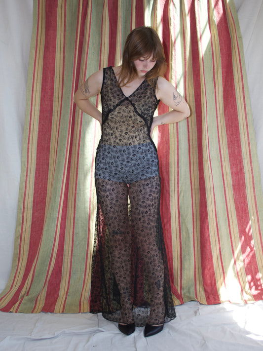 1930s Inky Black Embroidered Net Low Back Dress