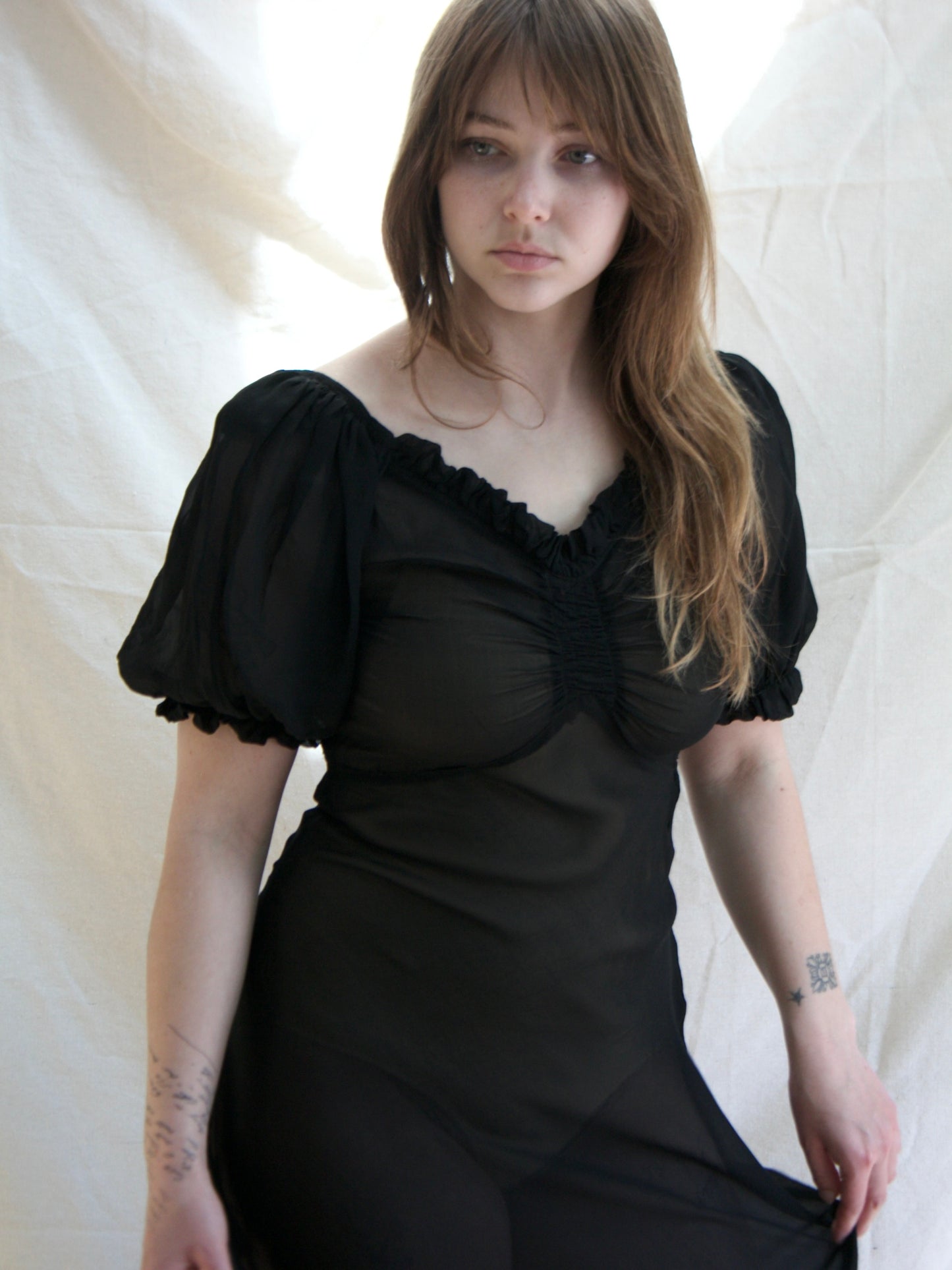 1930s Vampy Chiffon Bias Cut Puff Sleeve Dress