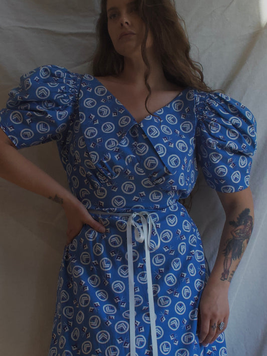1930s Nautical Print Gigot Sleeve Cotton Beach Dress