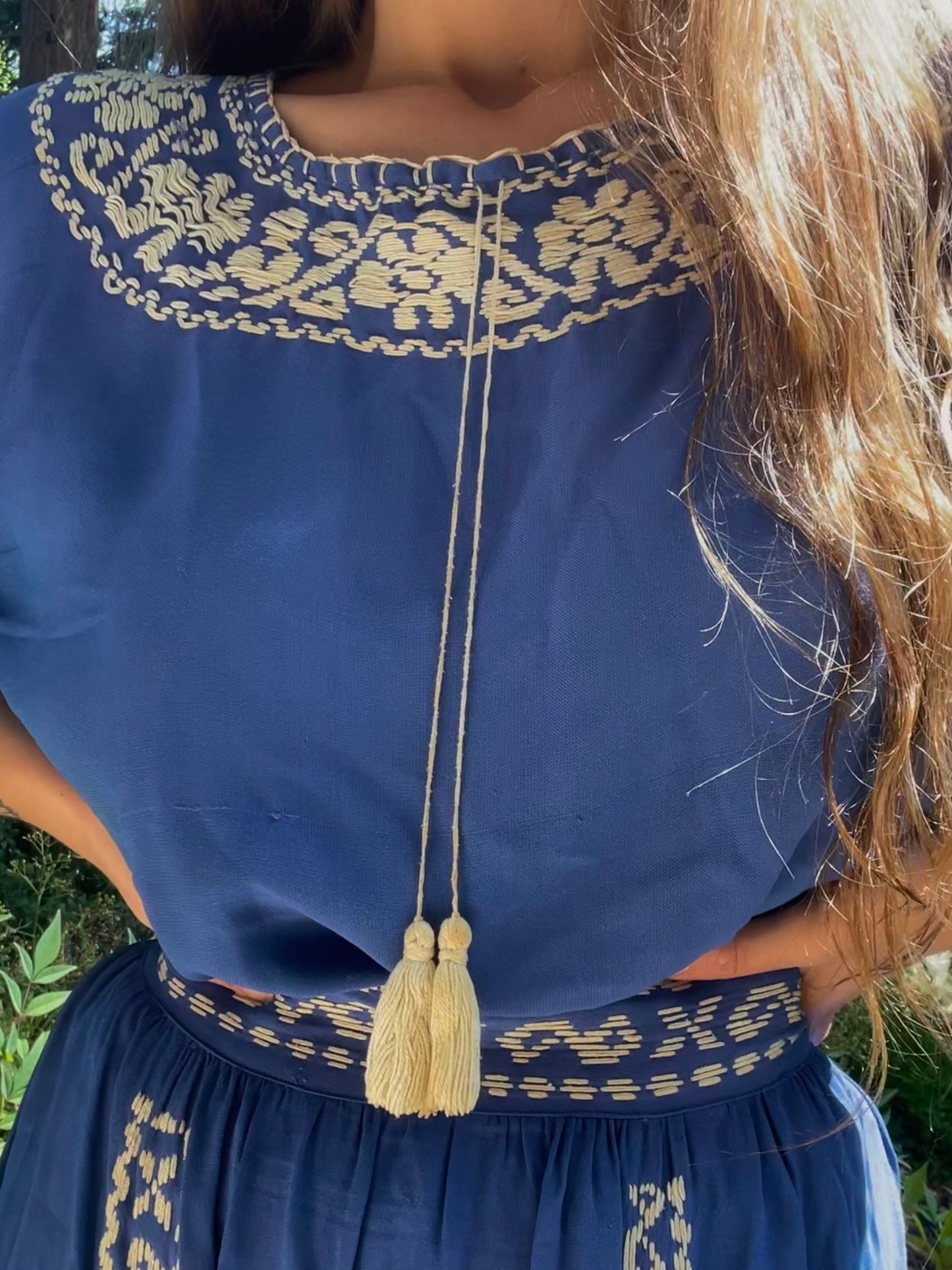 1940s Two Piece Embroidered Rayon Crepe Cobalt Skirt Blouse Set