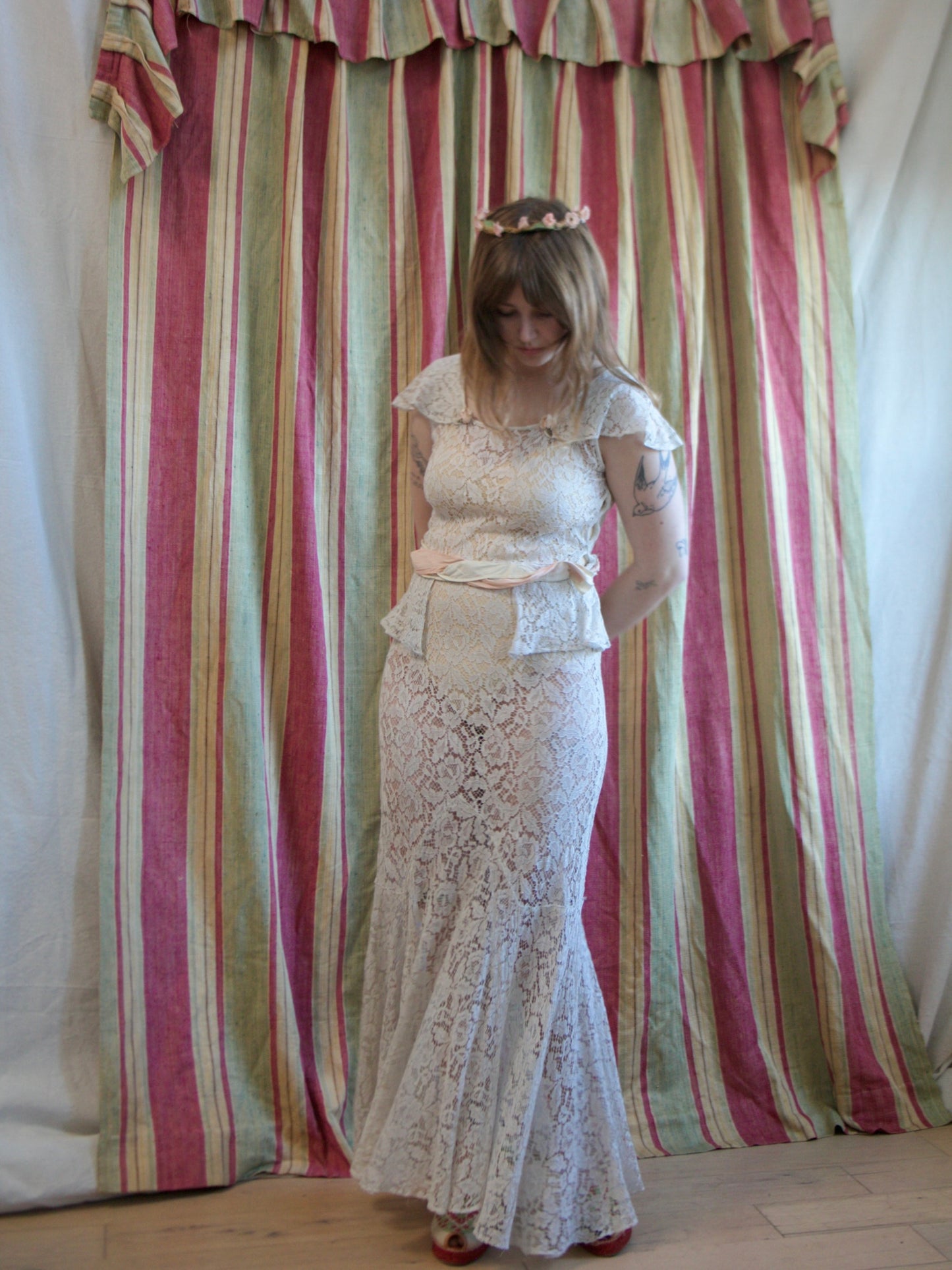 1930s Ivory Lace Ribbonwork Rosette Peplum Bias Cut Gown